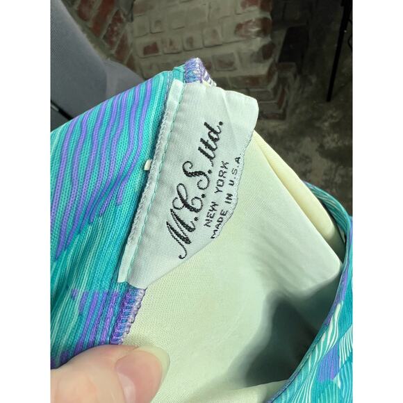 dress blouson  floral vintage 1980s micro pleat top purple aqua - Picture 11 of 12